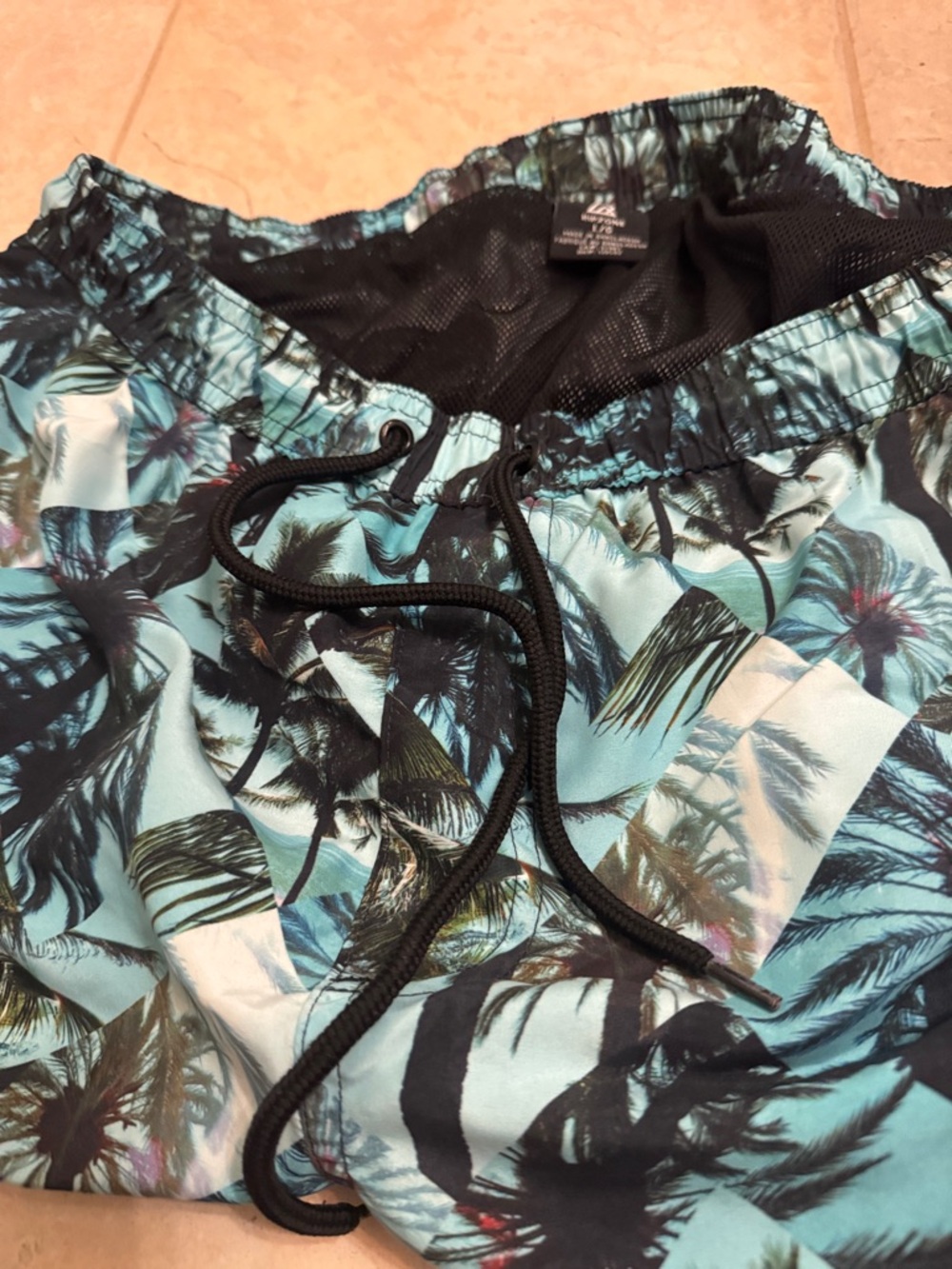 Men's Light Blue Tropical Swim Board Shorts with Black Drawstring